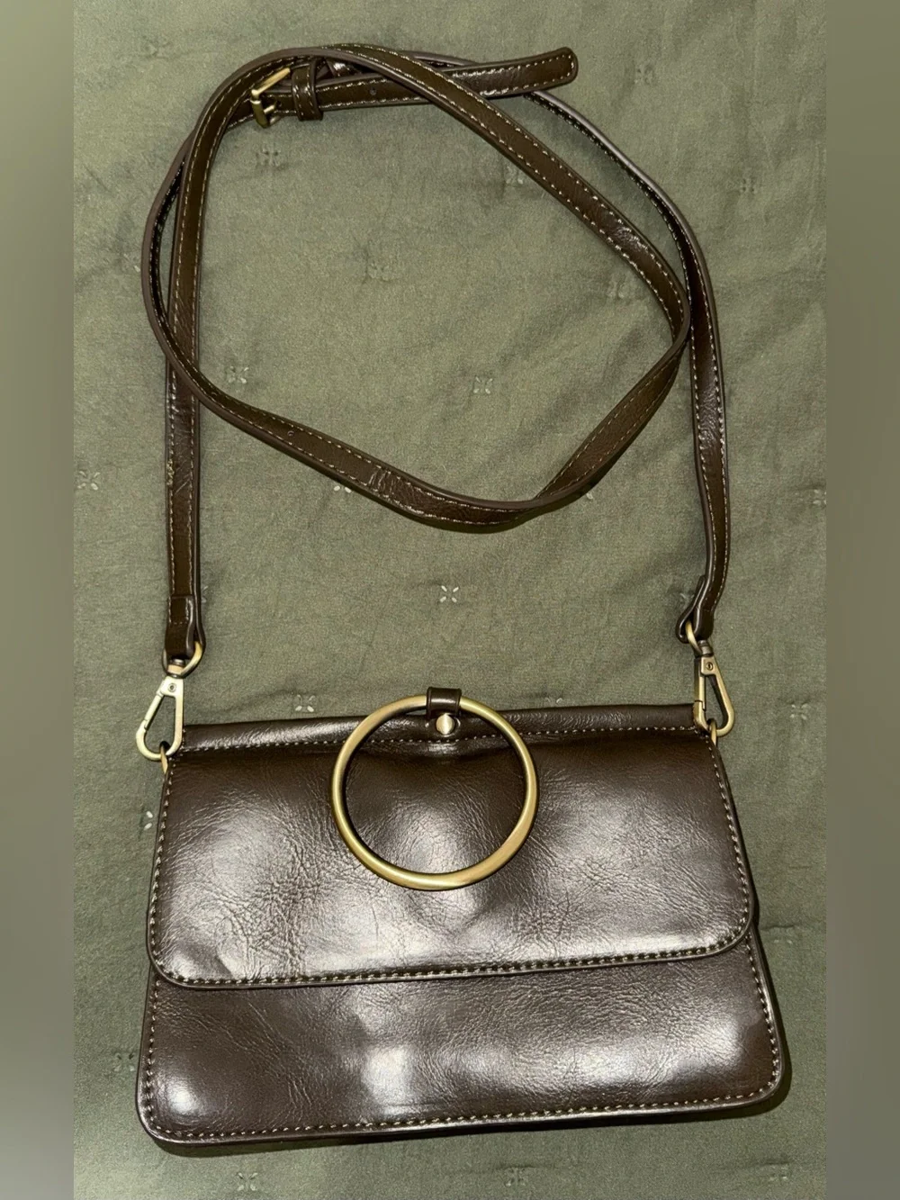 Joy Susan Aria Ring Bag Brown Leather Crossbody Bag with Gold Ring Accent